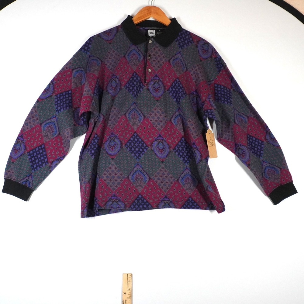 VTG JED Wear 90s Patchwork Paisley Polo Sweater Purple Burgundy L Grandpa Dark